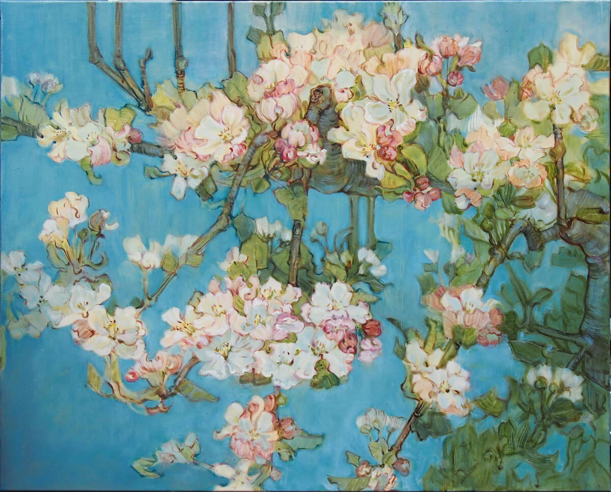 Landschaftsmalerei, en plein air, Freilichtmalerei, Apfelblüten, Öl auf Leinwand