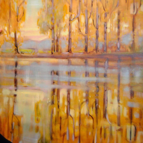 Malereo, Ölmalerei, Landschaftsmalerei Berge, Herbst, Wasserspiegelung, Bäume